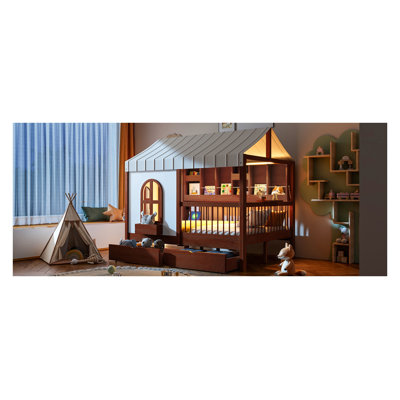 Full Size House Bed Frame with Side Bookshelf and Storage Drawers, Espresso Wood Finish