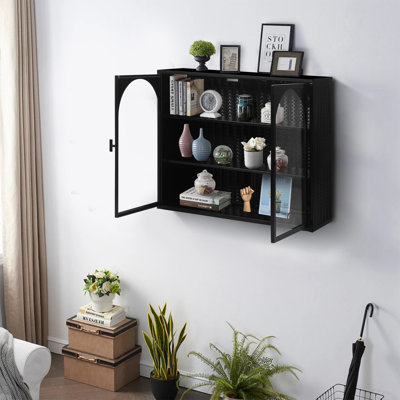 Armoire murale moderne 27,56 po à deux portes en verre avec trois niveaux de rangement pour le vestibule, la salle à manger, l'armoire murale au motif tissé caractéristique