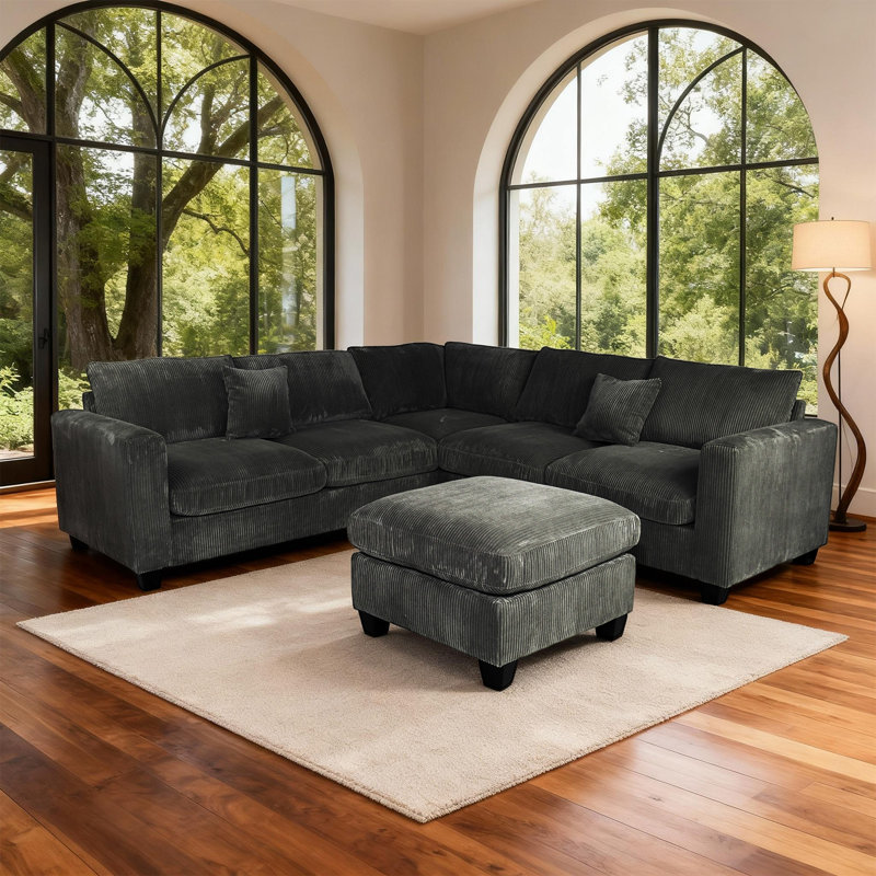 L-Shaped 4-Piece Modular Sectional With Cocktail Ottoman & Corduroy Upholstery, Black