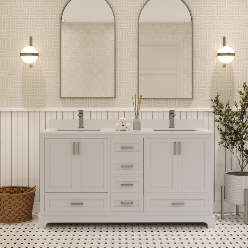 Meuble-lavabo double autoportant 60 po avec plateau en quartz blanc Maya, Blanc