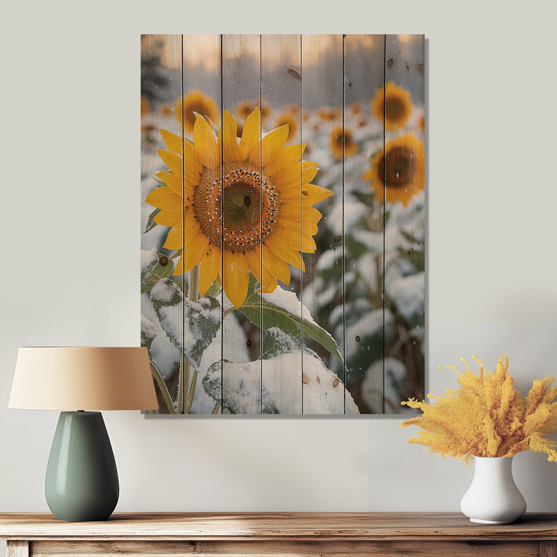 Country Side Sunflowers In A Snowy Barnyard III - Sunflowers Wood Wall Decor - On Natural Pine Wood, 32" H x 24" W x 0.78" D