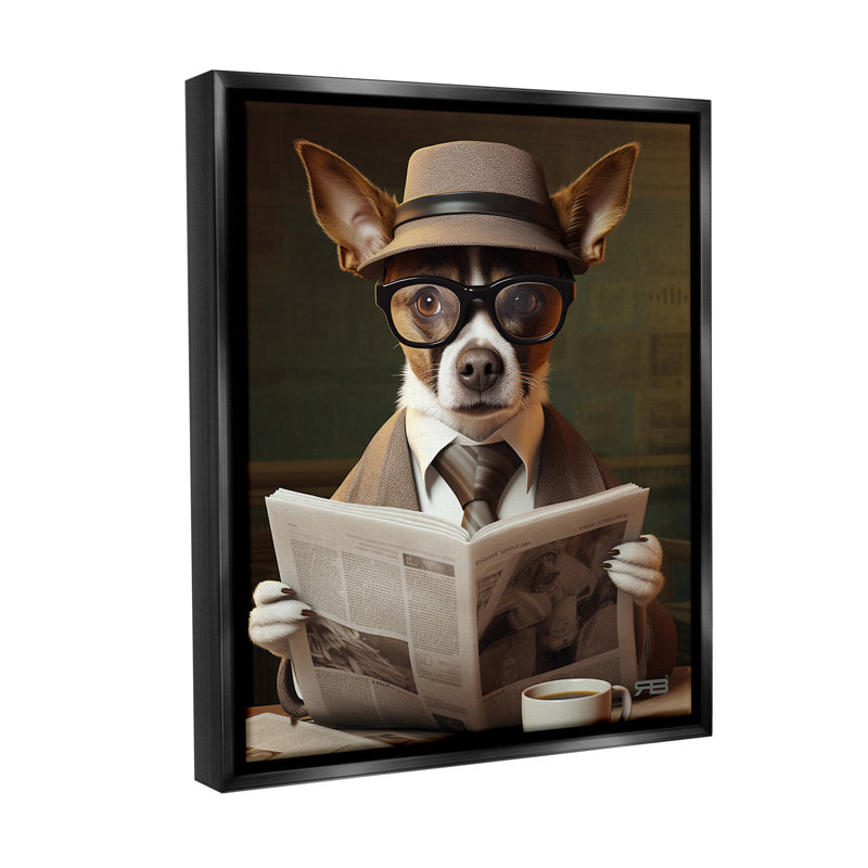 "Classy Dog With News journal" par RB sur toile, Cadre flottant noir de jais, H 21 po x l 17 po