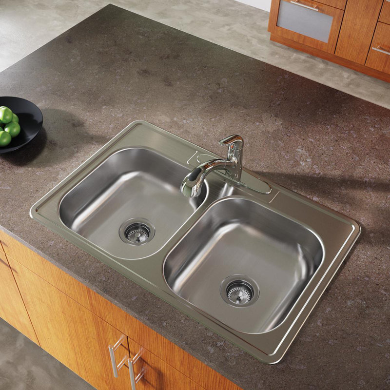 Dayton 33" L x 21" W Double Basin Drop-In Kitchen Sink, 3 hole
