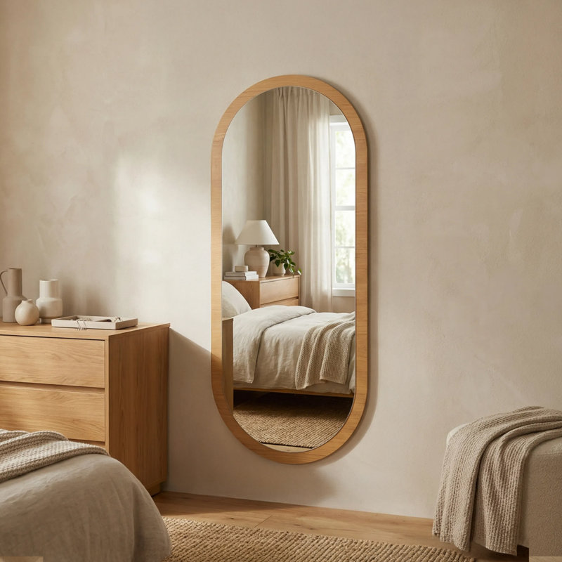 Oval Wall Full Length Mirror, Natural Wood