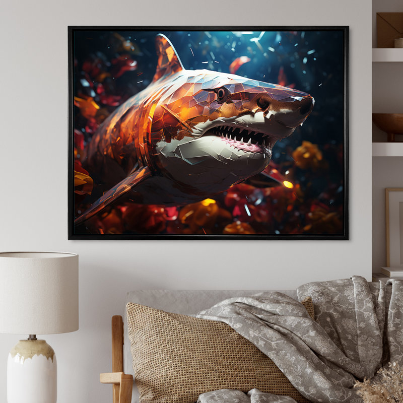 " Blue Shark Predators Glare Geometric I ", Black Floater Framed, 30" H x 40" W x 1.5" D
