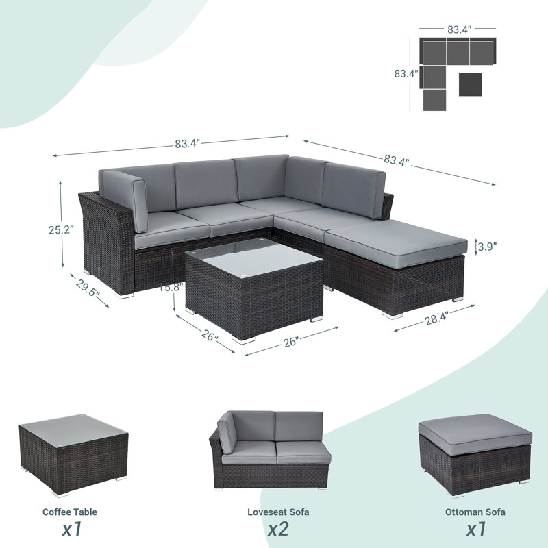 Ensemble de conversation en osier / rotin 5 personnes avec coussins Aidean, gris