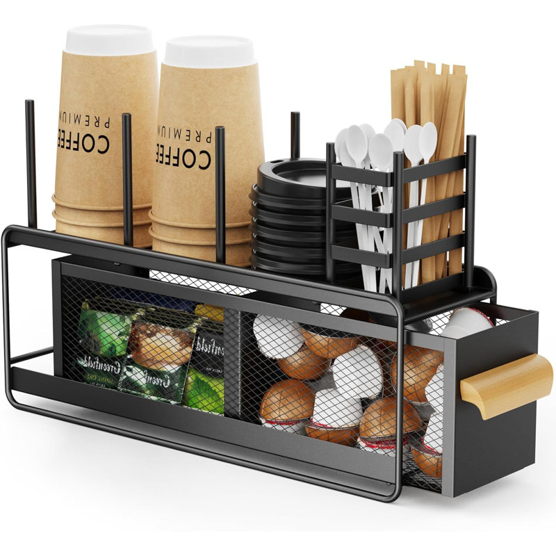 Station de comptoir avec tiroir, noir, tiroir escamotable, porte-gobelets et couvercles