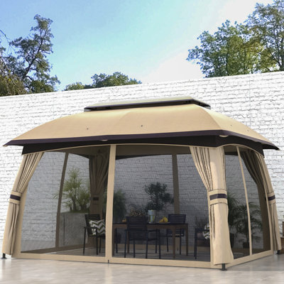 10' X 13' Patio Gazebo, Beige Netting Defended Spot. Spacious For 8, 2 Vented Roof, Steel Frame, Garden, Lawn, Backyard, Deck Spot Area Covered. Organization