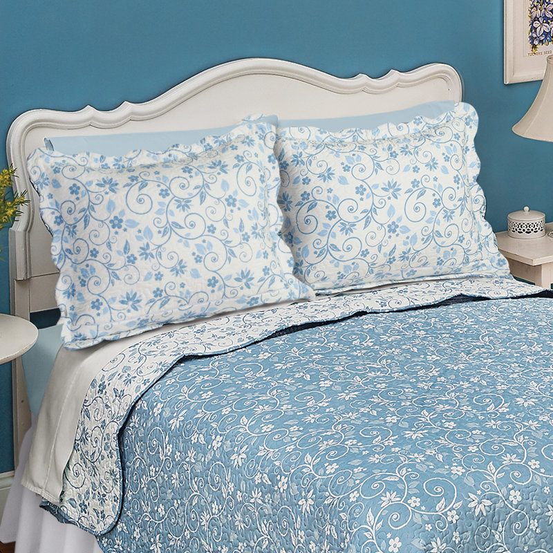 Sage Floral Scroll Reversible Polyester Pillow Sham with Scalloped Edges