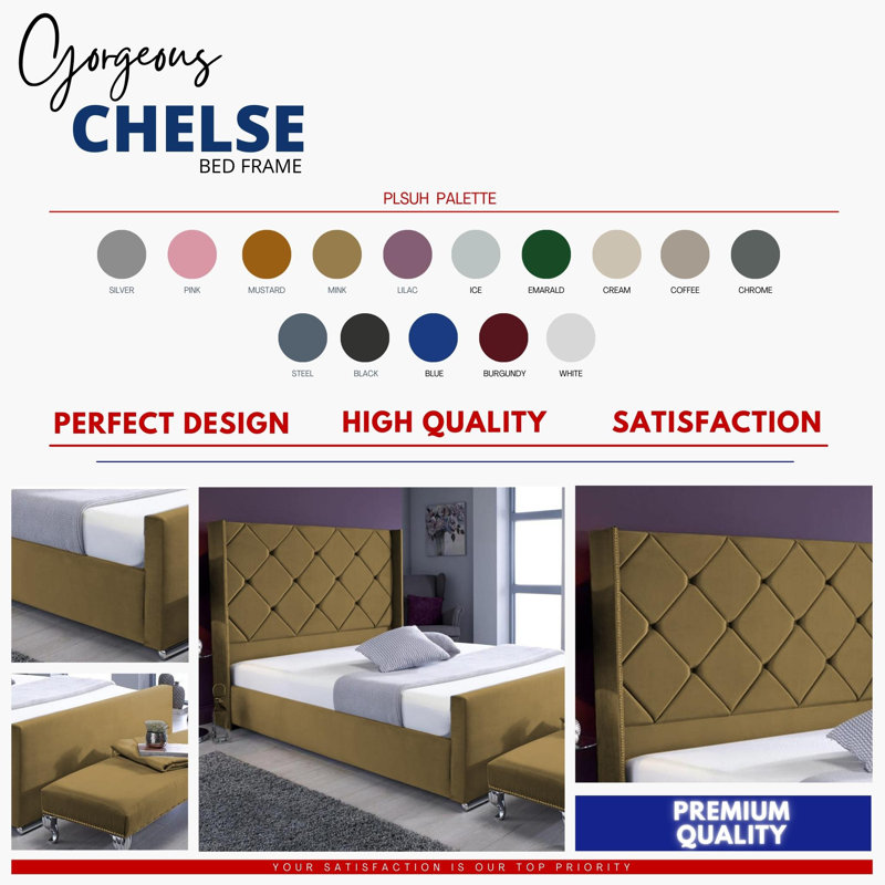 Descanso Chesterfield Velvet Upholstered Bed Frame - Buttoned Headboard, Chrome Feet, Mink, Kingsize (5')