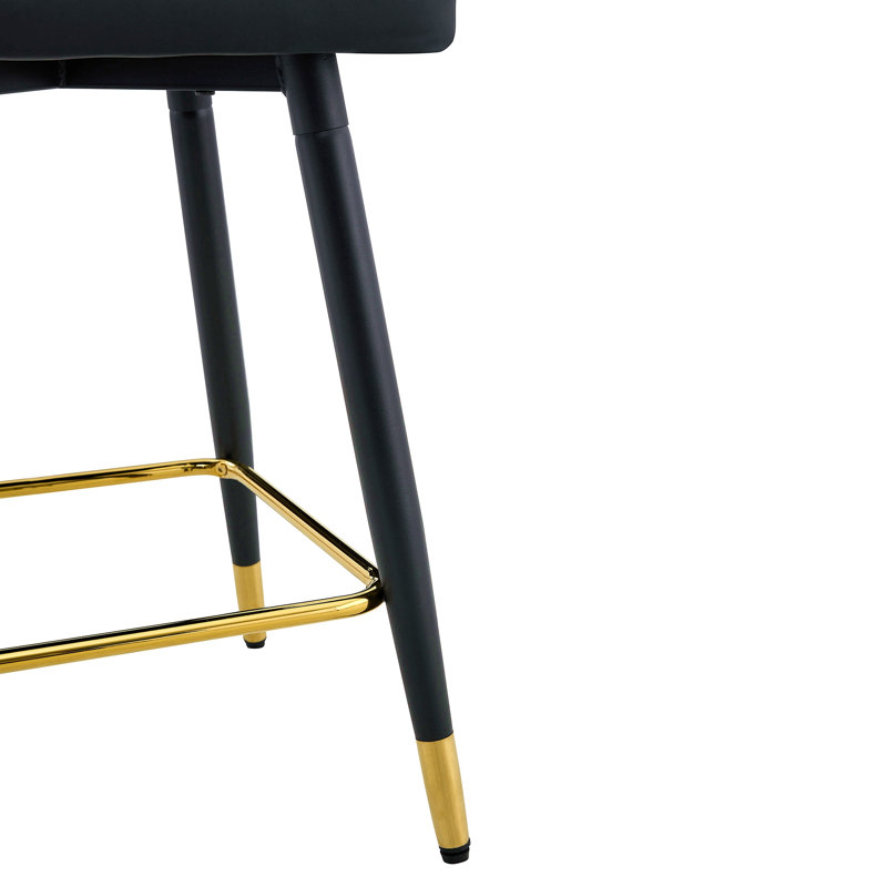 Set Of 2 Black PU Leather Bar Stools: 37.7" High, 25" Seat Height, Gold Accent Footrest, Black