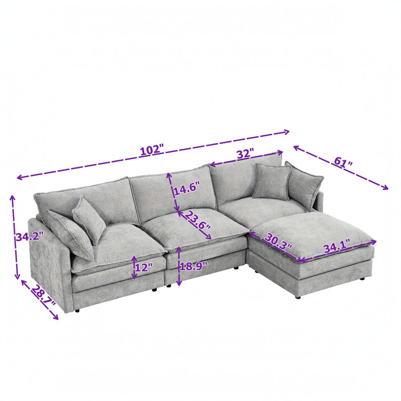 Canapé modulaire en L modulaire, canapé 3 places Cloud Comfort avec repose-pieds mobile et sièges reconfigurables, Café
