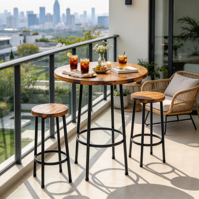 3-Piece Round Pub Table Set, Industrial Bar Height Bistro Table With 2 Backless Stools, Rustic Reclaimed Wood Finish, For Small Kitchen, Apartment & Breakfast Nook