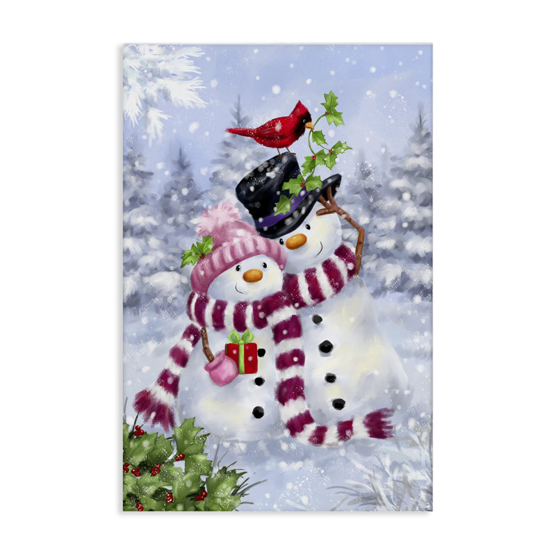 «Happy Snowman & Cardinal», art mural sur toile par Jean François, H 36 po x l 24 po