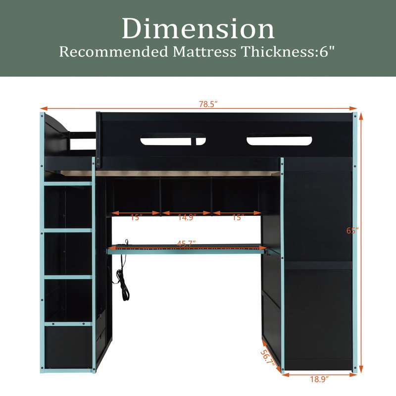 Full Size Wood Loft Bed With Desk,Wardrobe,Ample Storage Space,And RGB LED Light, Blue