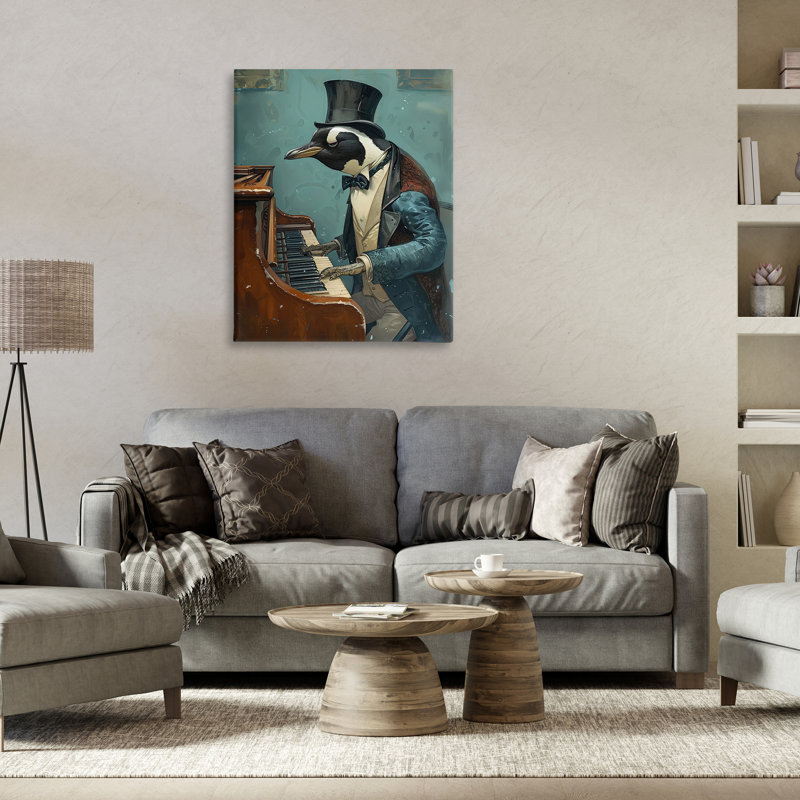 Art sur toile, "Piano jouant un pingouin" par Ray Heere, H 40 po x l 30 po