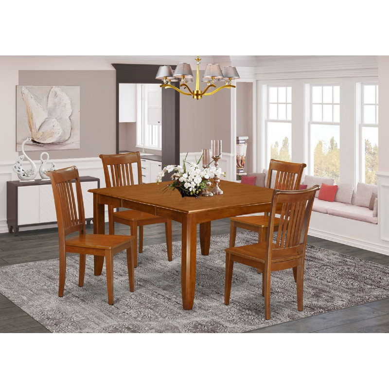 Ensemble de table à manger 5 pièces pour 4 personnes comprenant une table carrée avec rallonge papillon et 4 chaises de salle à manger, brun selle
