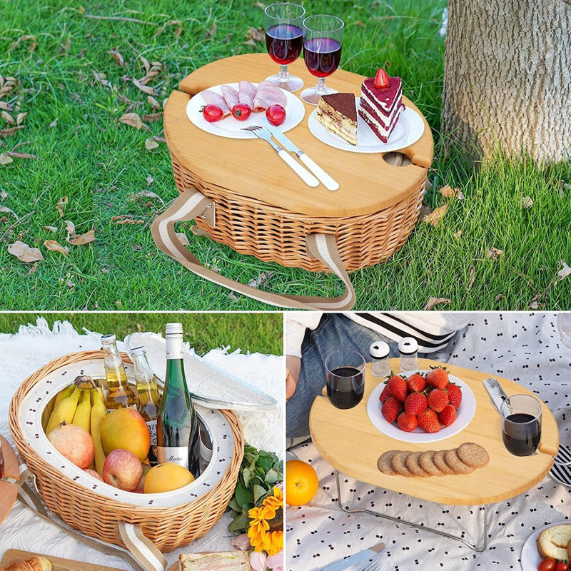 "Ensemble de paniers en osier faits à la main avec table à vin - Comprend un sac isotherme, parfait pour le camping en plein air, les mariages et les anniversaires"
