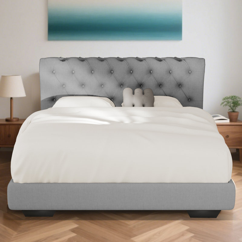 Structure de lit rembourrée en tissu de lin avec tête de lit réglable / style Chesterfield / support à lattes de bois, Gris