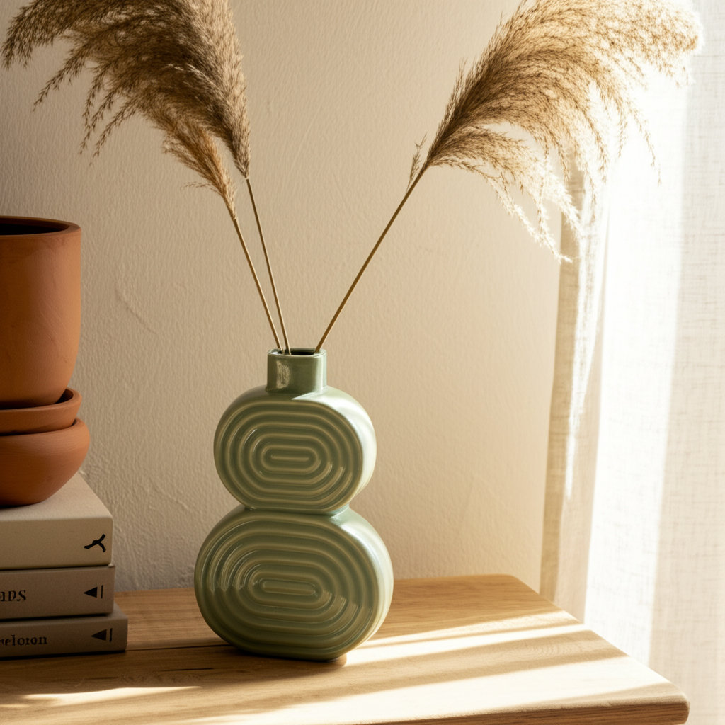 Alorie Ceramic Table Vase, Circles Green, 10" H x 6" W x 3" D