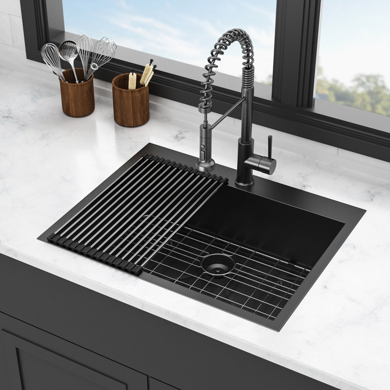 28"X22" Drop In Sink Gunmetal Black - Stainless Steel 18 Gauge, Scratch , 9" Bowl Depth, 3.5" Drain 28X22 Gauge Steel, Build, 26"X18" Interior, Depth