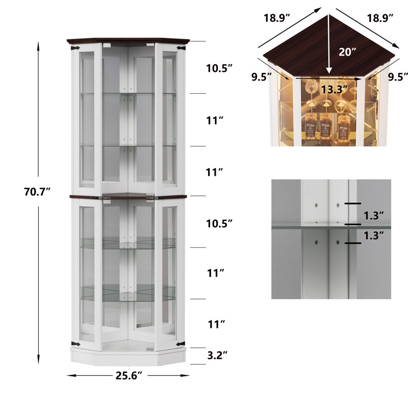 Vitrine 71 po en verre de style campagnard avec lumières à DEL, portes en verre trempé et 6 tablettes