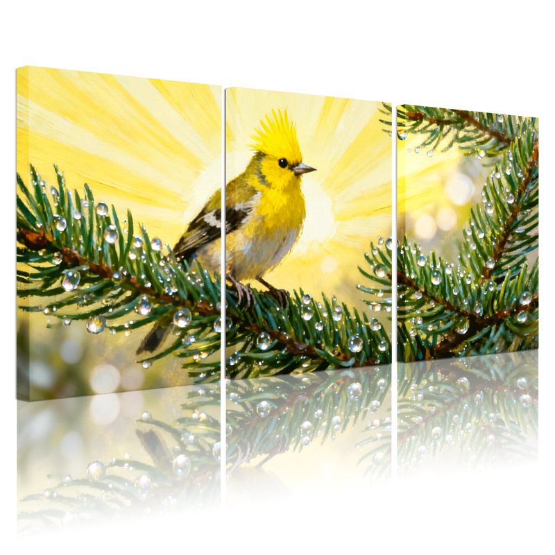 Oiseaux oiseaux jaunes sur une branche de pin avec des gouttes de rosée, ensemble de 3 impressions sur toile