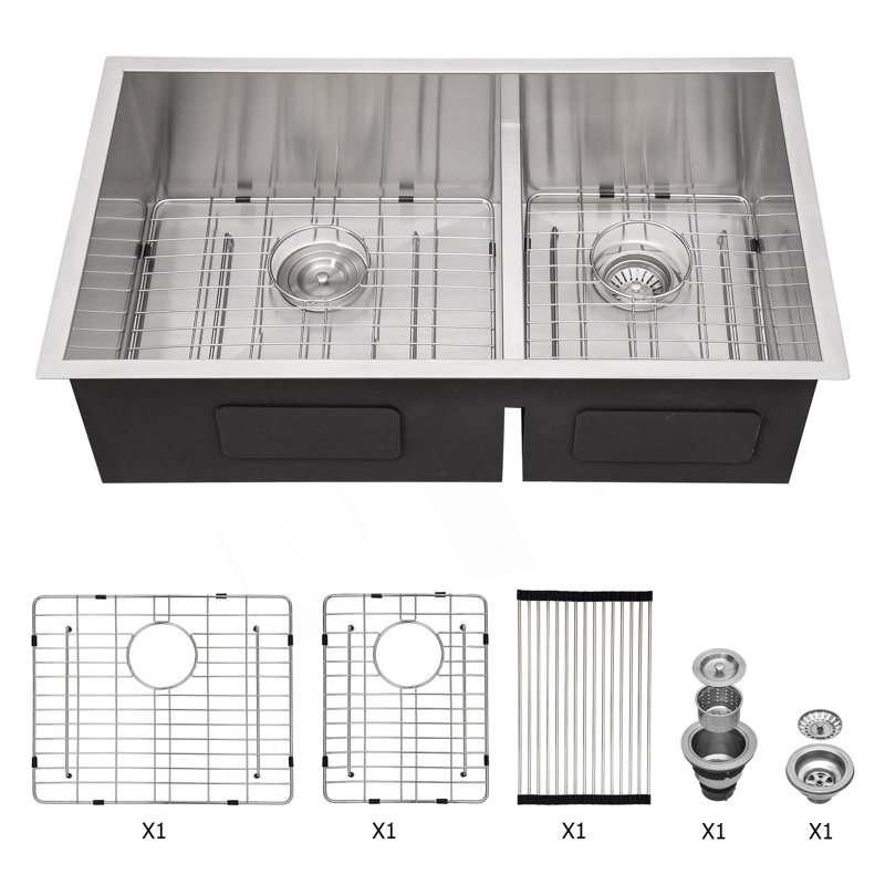 Évier de cuisine à double cuve (60/40) sous-comptoir - évier de cuisine à double cuve de 28 po x 19 po x 10 po de calibre 16 avec deux cuves profondes de 10 po