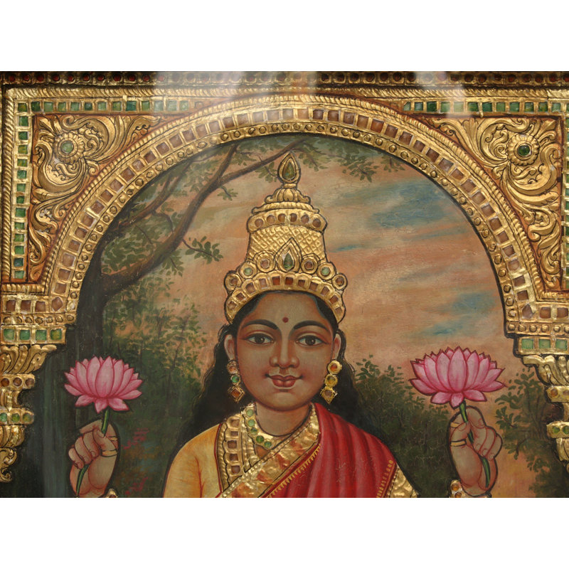 26 "Maa Lakshmi debout sur un lotus rose, peinture de Tanjore avec cadre | Art par Rajaraman