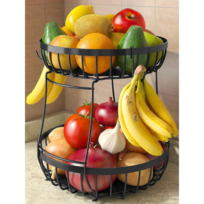 2 Tier Fruit Basket For Kitchen Counter With 2 Banana Hangers, Metal Stackable Fruit Bowl For Kitchen Counter For Bread Vegetable Fruits
