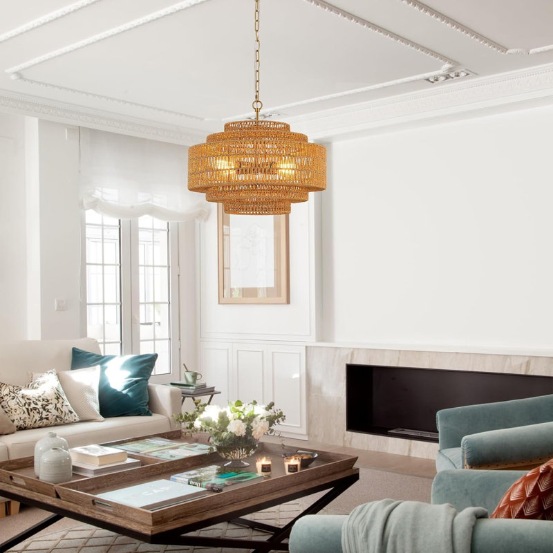 19.7" Rattan Chandelier 4-Light Vintage Farmhouse Wicker Chandelier Hand-Woven Boho Bamboo Gold Ceiling Light Fixture For Dining Room Kitchen Island Bedroom Foyer