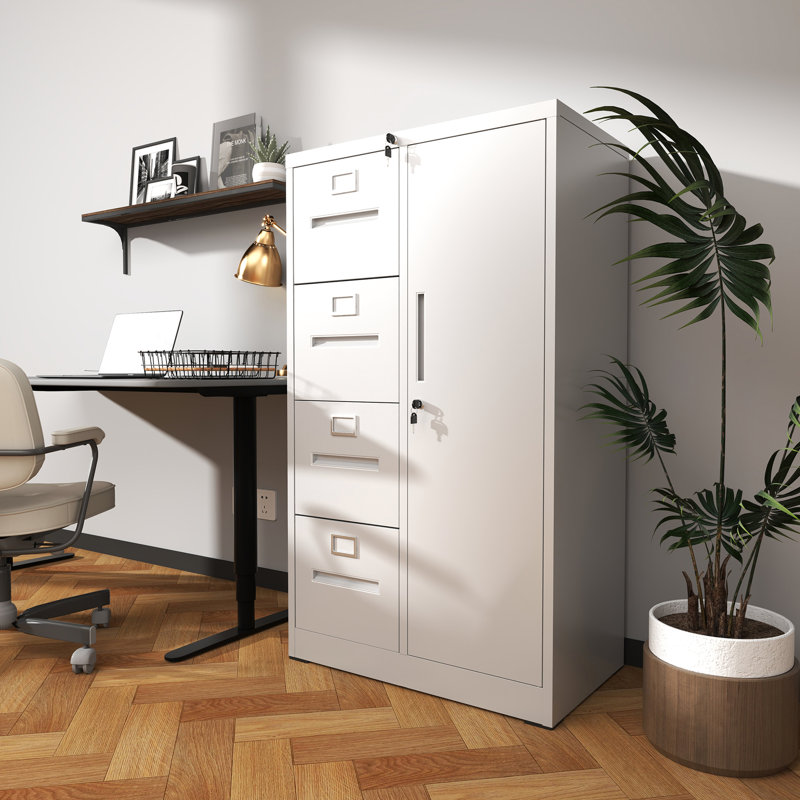 White Metal Storage Cabinet With 4 Drawers And 1 Door For Living Room Office - Smooth Drawer Opening, Silent Tracks, Secure Locking