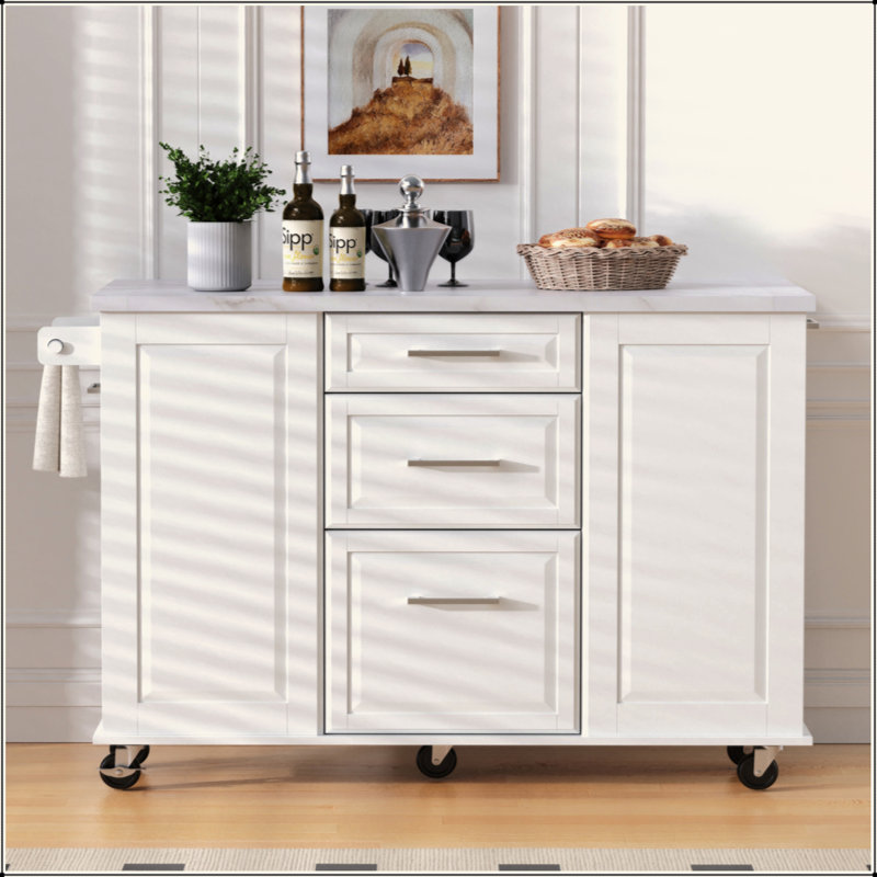 Îlot de cuisine de 50,7 po avec rangement, poubelle inclinable et organisateur de rangement escamotable, îlot de cuisine sur roulettes à 5 roulettes avec abattant, 2 tiroirs, 1 porte pour la cuisine, la salle à manger