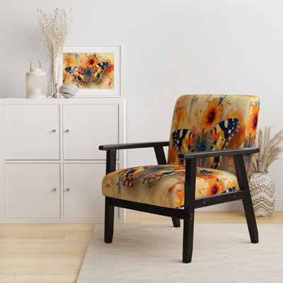 Orange Buttlerfly In Watercolor Painting - Upholstered Floral Accent Arm Chair