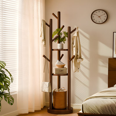 Porte-vêtements en bois avec crochets rotatifs, porte-manteau autoportant multifonctionnel pour chambre à coucher, salon et rangement