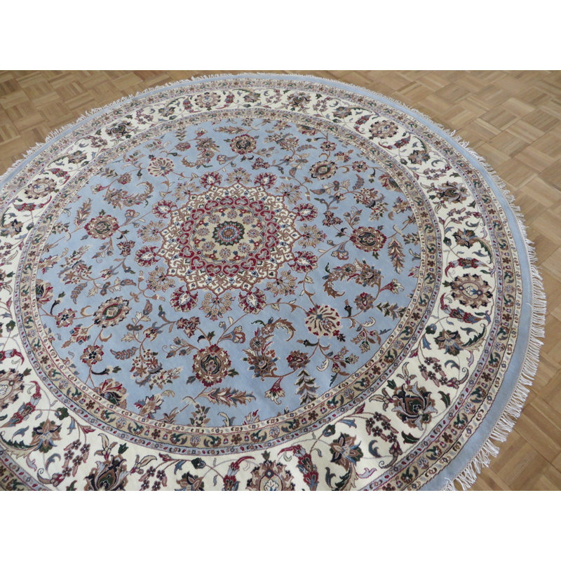 Tapis de zone ronde bleu/ivoire 8 pi 1 po à la main one-of-kind noué la Simen