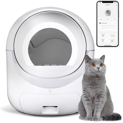 Self Cleaning Cat Litter Box, Automatic Cat Litter Box with APP Control Odor Removal Safety Protection for Multiple Cats, White