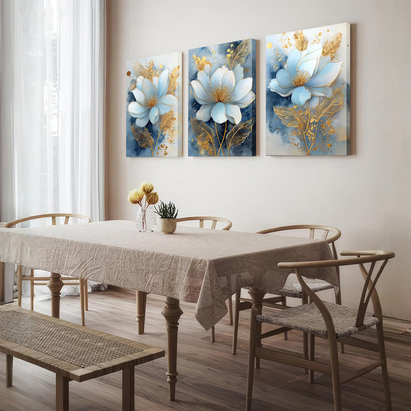 3 pièces d'art floral sur toile blanche et feuille d'or, H 12 po x l 24 po