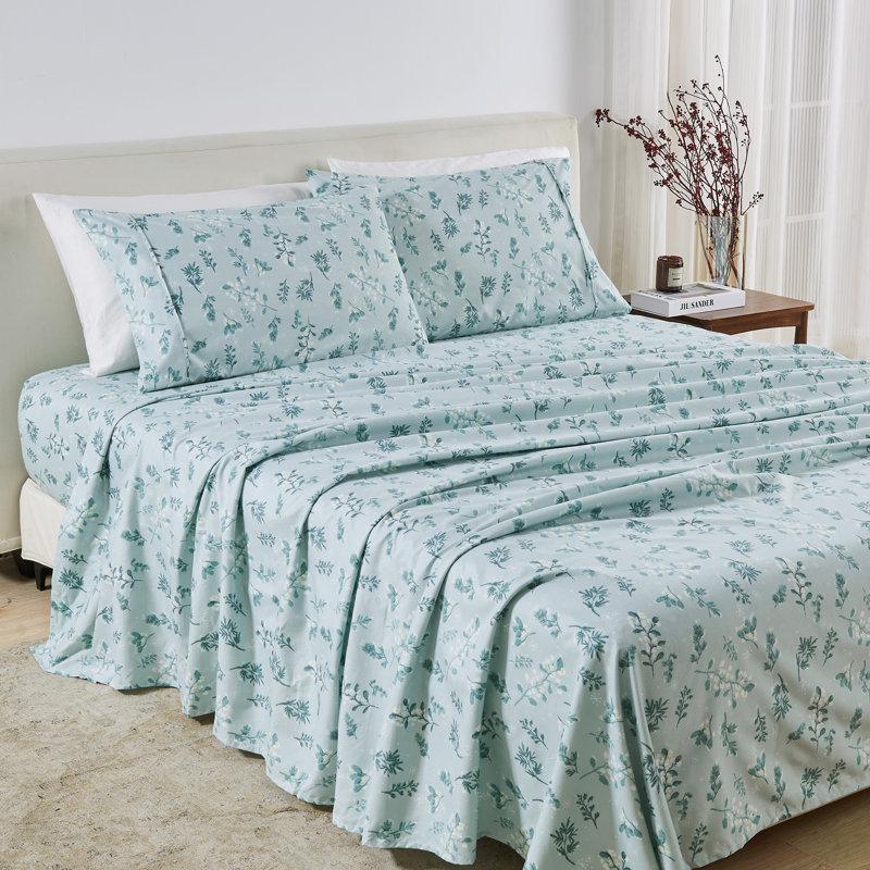 Ensemble de draps en microfibre Winter Floral, Ensemble de draps pour lit double avec deux taies , Bleu