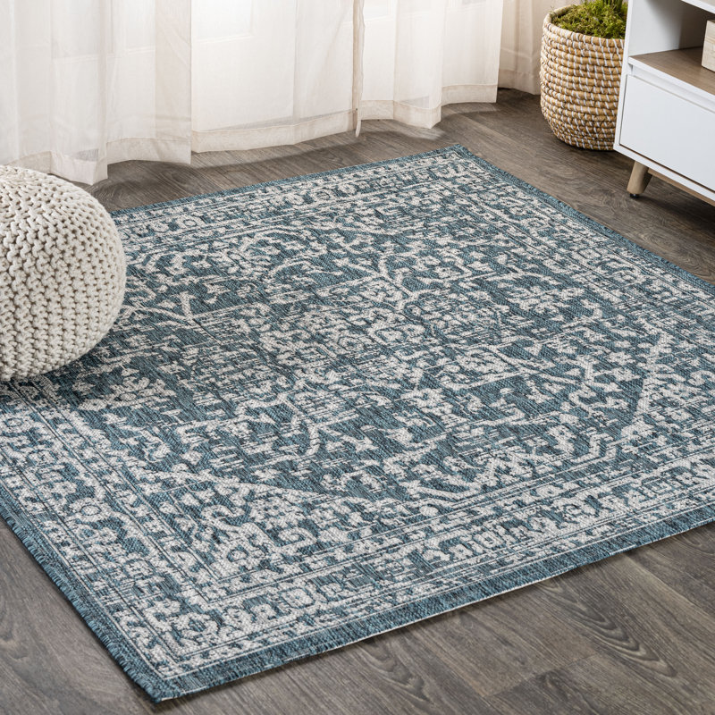 Massimo Bohemian Medallion Textured Weave Teal/Gray Indoor/Outdoor Rug, Square 3'11"