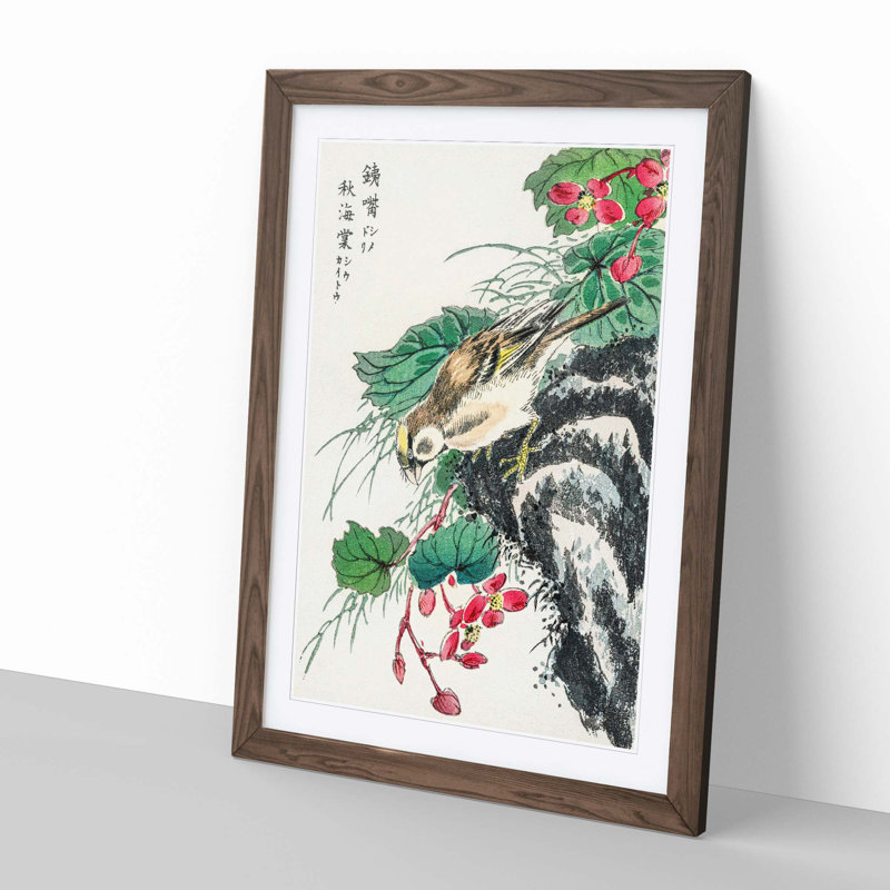 Japanese Hawfinch by Numata Kashu - Picture Frame Painting Print, Walnut Framed, 36cm H x 27cm W x 2cm D