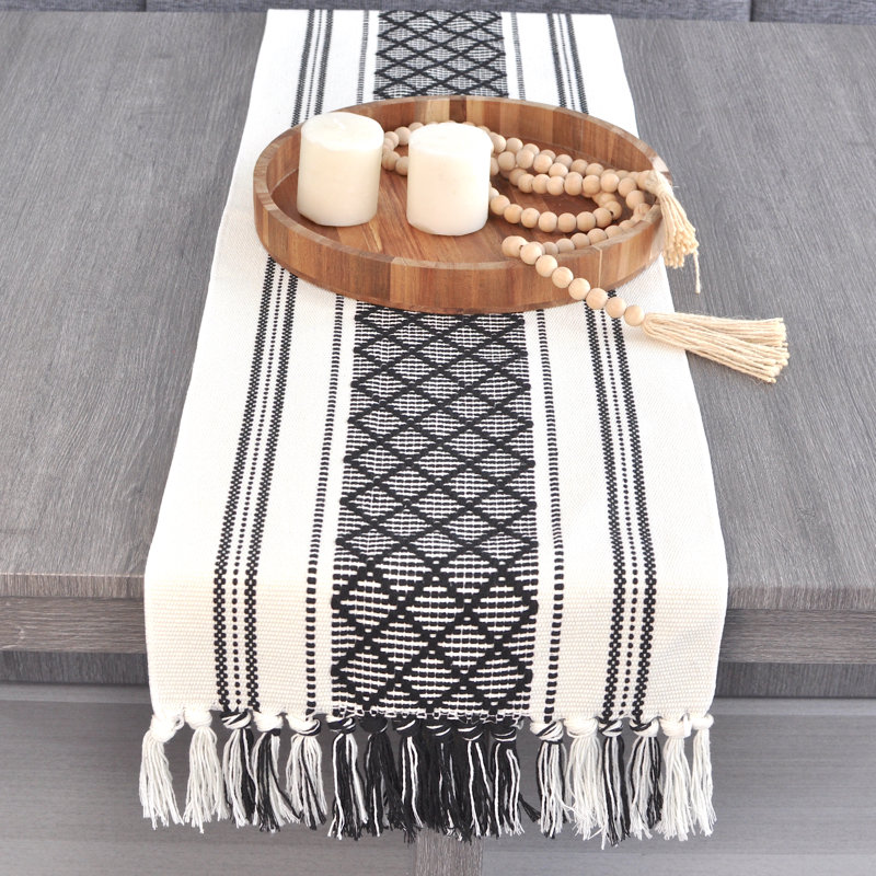 Boho Cotton Woven Table Runner With Tassels, 48" x 14", Black/Cream