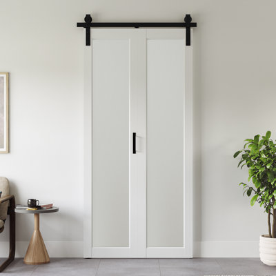 1-Lite Frosted Glass Paneled Single Bifold Barn Door with Installation Hardware Kit