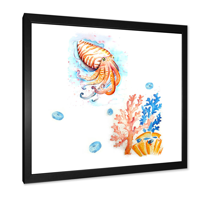 Aquarelle, seiche, art mural II, Cadre photo noir, H 16 po x l 16 po x P 1 po