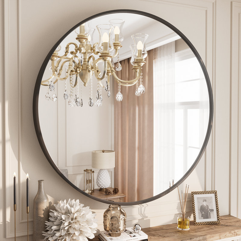 Molly Easy French Cleat Mounting Metal Alloy Wall Round Vanity And Dresser Bathroom Mirror, Black, 30" x 30"