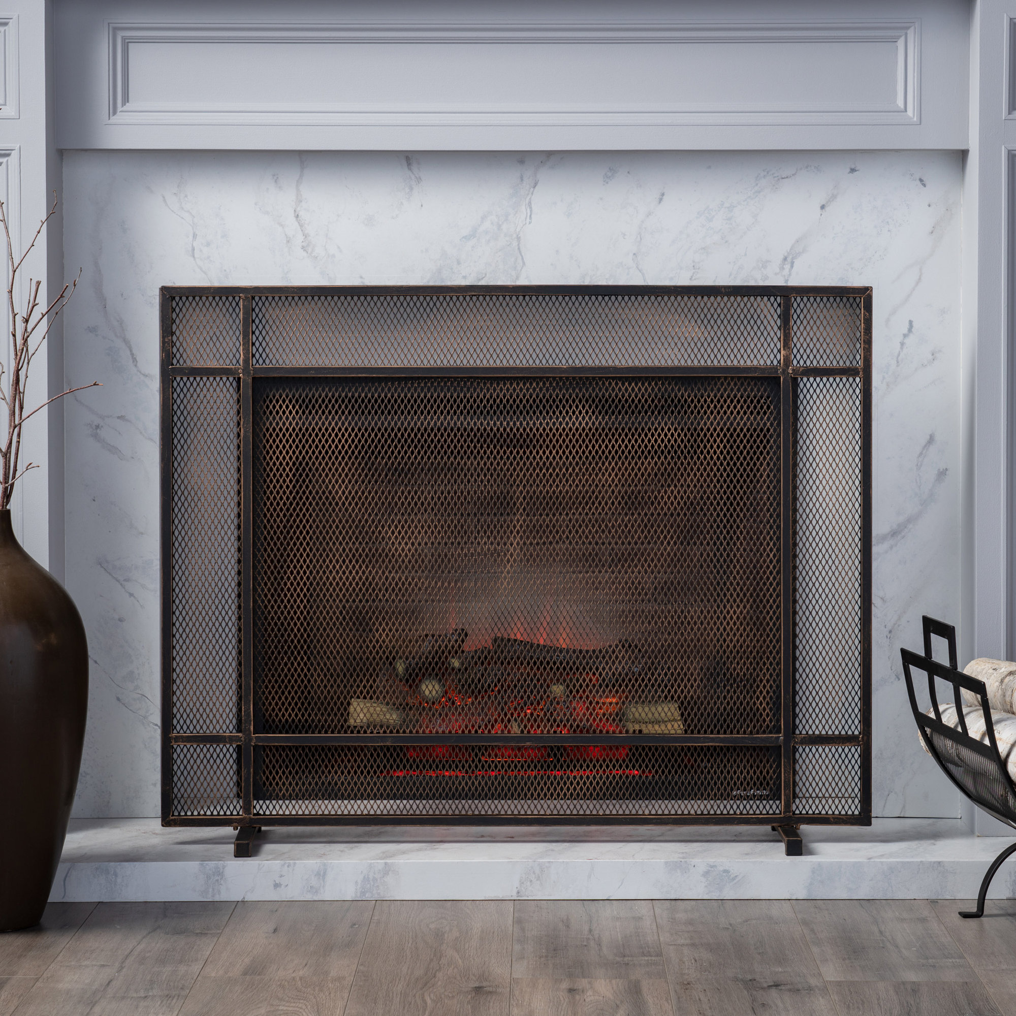 Erick Iron Fireplace Screen, Black/Brushed/Gold