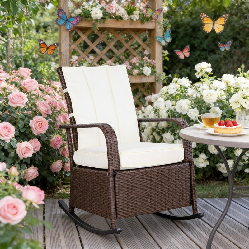 Outdoor Rocking Rattan Recliner,Rocker Chair, Brown, White