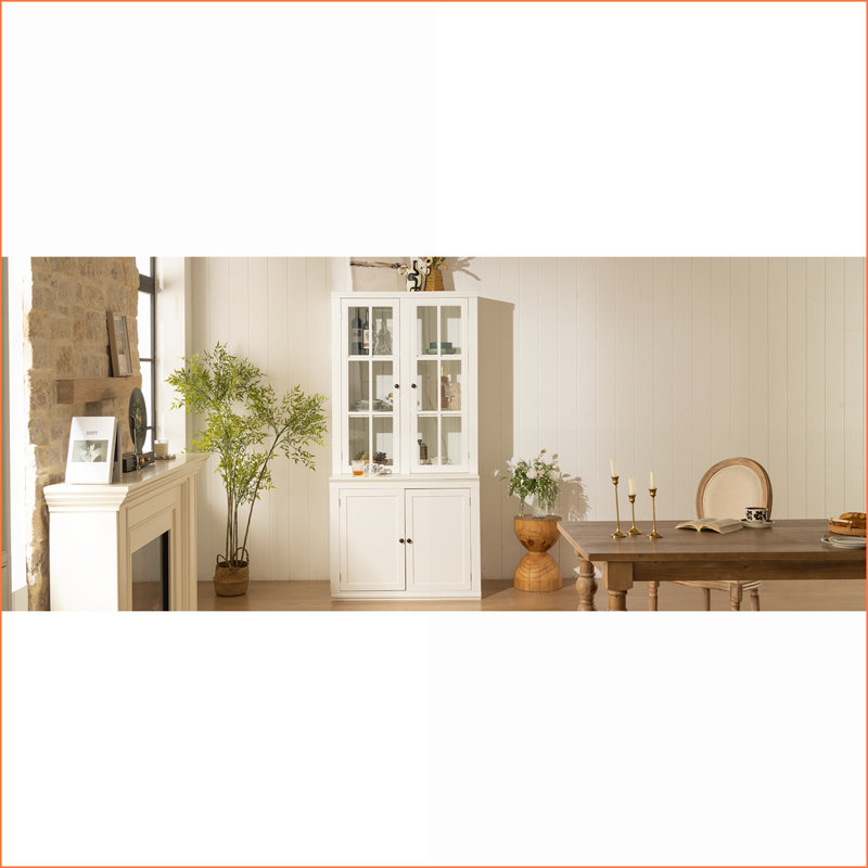 Cabinets, garde-manger rétro blanc cassé avec portes en verre et amp; Rangement à lattes, H 75,25 po x l 36,25 po, panneau de fibres à densité moyenne pour le salon