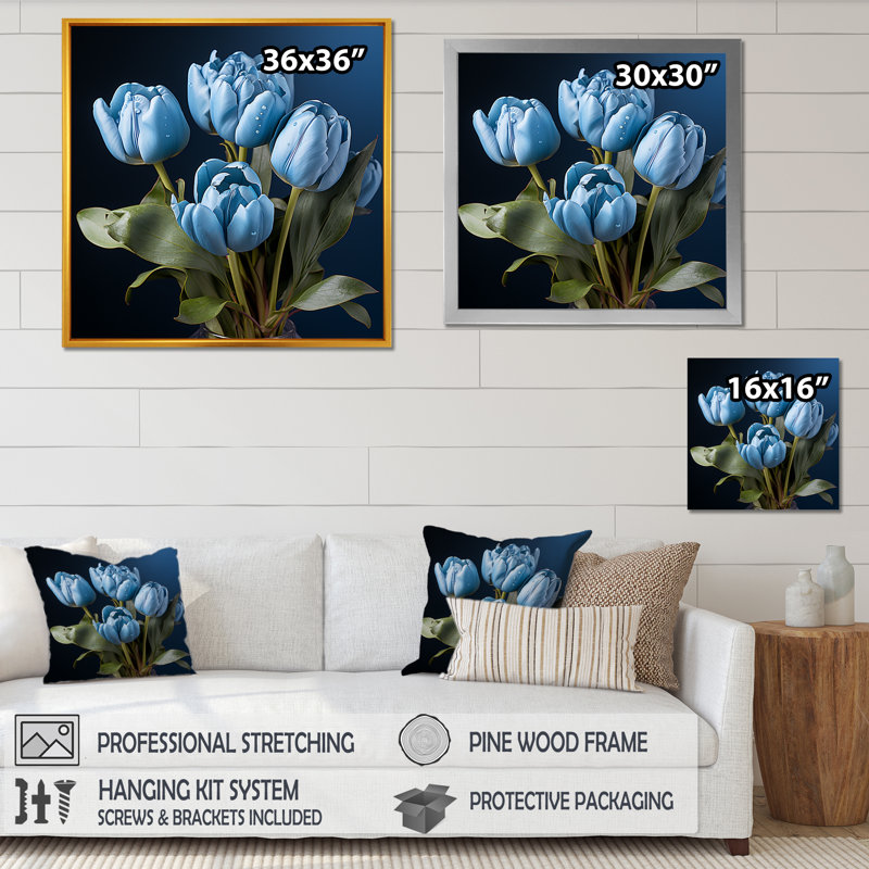 «Azure Blue Tulips Bloom III» sur toile, H 30 po x l 30 po x P 1 po, Cadre flottant blanc