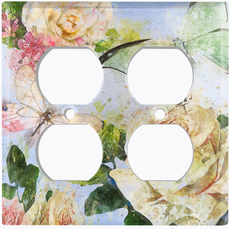 Plaque de prise murale à motif en métal à motif d'interrupteur de lumière (fleur blanc rose mauve - double), Bleu